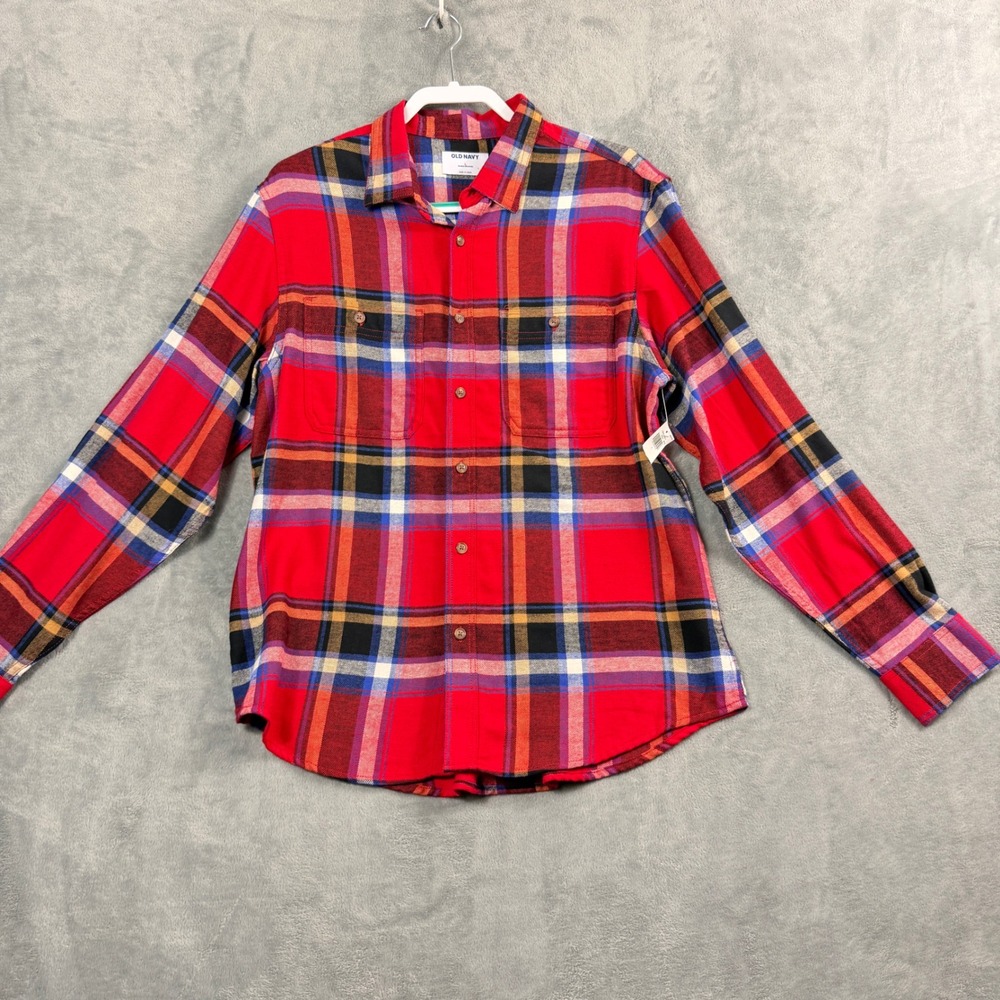 Old Navy Mens L Red Plaid Flannel Shirt Double Brushed Cotton Western Gorpcore